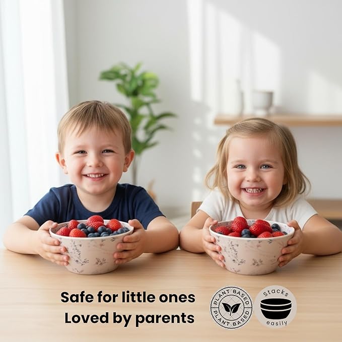 Bamboo Bowl Set of 4 – 6 Inch 20 oz Durable Deep Cereal and Snack Dishware for Kids and Toddlers – BPA Free, Dishwasher Safe, Lightweight Alternative to Plastic or Ceramic (Fleur Design)