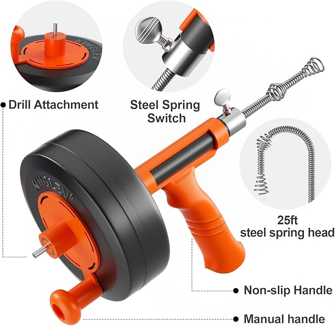 Drain Snake, 25ft Flexible Steel Drain Auger With Drill Adapter, Plumbing Unblocking Hand Auger, Manual Or Powered for Shower & Bathtub Clogs-No auto retract or feed (Orange)