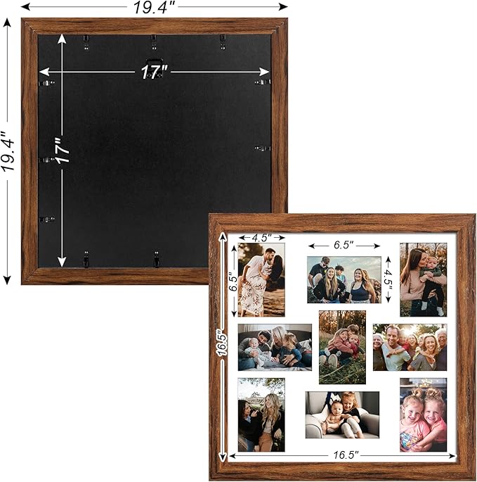 17x17 Picture Frame Display 9 opening 4X6 Picture Frame Collage,Multi Photo Frame with Mat,Plexiglass,Wall Mount Decor,Carbonized Brown Wood Grain