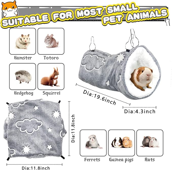 LEFTSTARER Noctilucent Luminous Guinea Pig Rat Hammock Bunkbed Hanging Tunnel and Soft Bed Mat for Ferret Hedgehog Squirrel Hideout Cage Accessories (1.Tunnel and Bunkbed Hammock)