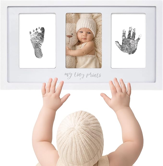 Felt Like Sharing My Tiny Prints Newborn Baby Handprint and Footprint Kit – Photo Keepsake Frame with Ink Pad for Baby Hand and Footprints – Great New Parent Present – 17” L x 9.5” H (White)