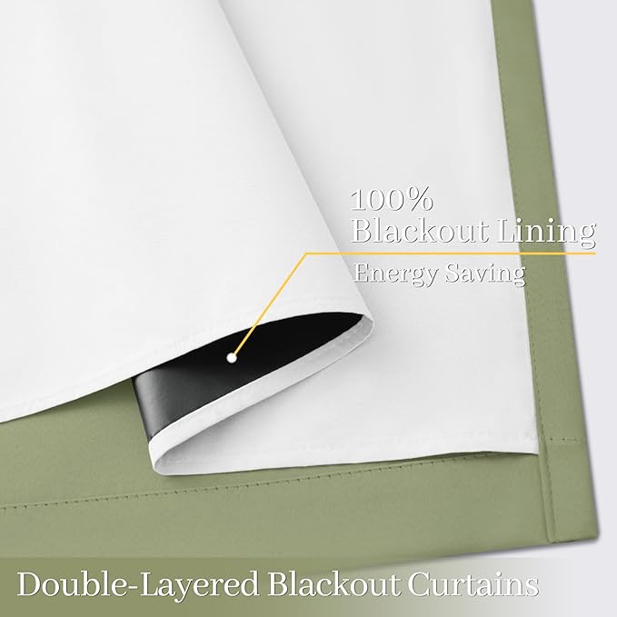 Yakamok 100% Blackout Curtain Panels 63 inches Cold and Light Blocking Drapes for Nursery, 2 Thick Layers Thermal Insulated Draperies (2 Pieces, 40 Wide Each Panel, Sage Front with White Backing)