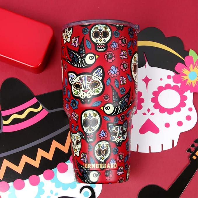 Jormungand 30 oz Tumbler Stainless Steel Vacuum Insulated Travel Mug with Leak Proof Lid Double Wall Coffee Cup Water Bottle for Cold Beverages 30oz Tumbler Sugar Skull