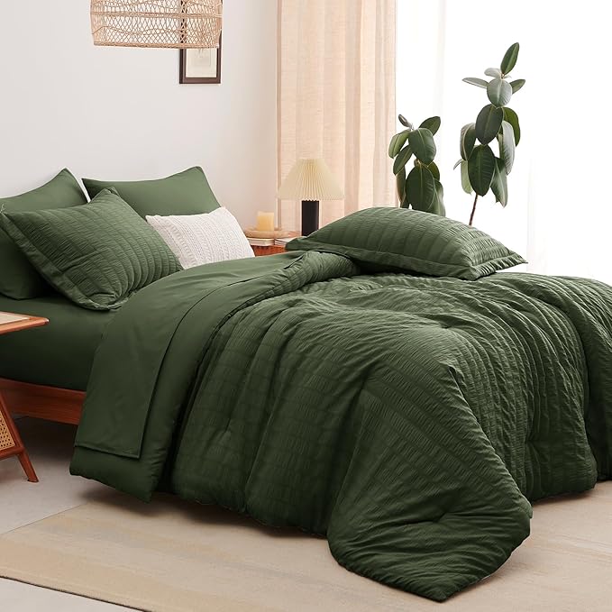 CozyLux King Size Comforter Set Olive Green Seersucker 7 Pieces Bed in a Bag King Comforter Set with Sheets, Luxury Bedding Set with Down Alternative Comforter, Sheets, Pillowcases & Shams All Seasons