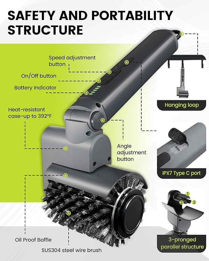 KISUFU [7.4V High-Power] Electric Grill Brush, 68W Motorized BBQ Scrubber with 50kg.f Torque, Bristle Free Grill Brush for Outdoor Grills, 150 Mins Runtime Heavy Duty BBQ Cleaning Tool