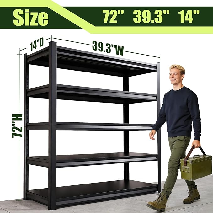 3000LBS Garage Shelving, Heavy Duty Garage Shelves, Adjustable Metal Shelving Unit, Easy Assembly Garage Storage Shelves, Storage Rack Shelf for Garage, Basement, 72" H x 39.3" W x 14" D