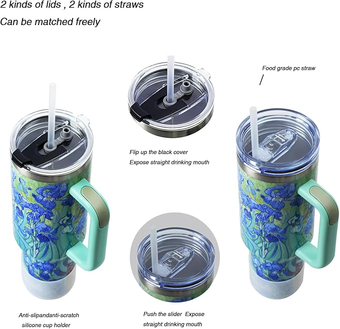 Jormungand 40 oz Tumbler with Handle and Straw, Vacuum Insulated Stainless Steel Cup & Water Bottle, Leakproof Lid, BPA-Free, Cup Holder Friendly for Travel, Keeps Drinks Hot & Cold Irises 2