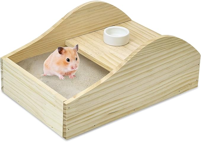 PINVNBY Hamster Sand Bath Box Wooden Shower Room Digging Sand Bathtub Container Hamster Bathroom for Dwarf Syrian Mice Mouse Gerbils with Small Bowl