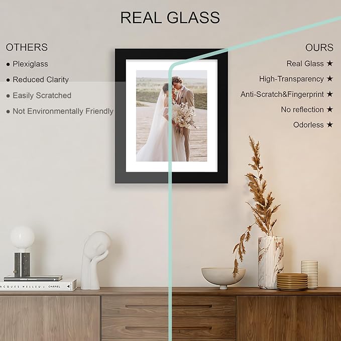 9x11 Picture Frame Set of 4, Made of Real Glass and Black Frame - Display Picture 7x9 with Mat or 9x11 Without Mat, 9 by 11 Photo for Wall or Tabletop