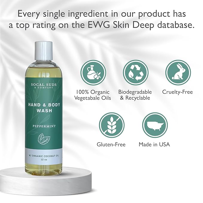 SoCal Suds & Company - 12oz Organic Soap Liquid, Gentle Hand & Body Wash, Organic Body Wash for Men and Women, Made w/Organic Oils & Coconut Oil, Bath Essentials for All Skin Types - 2pk Peppermint