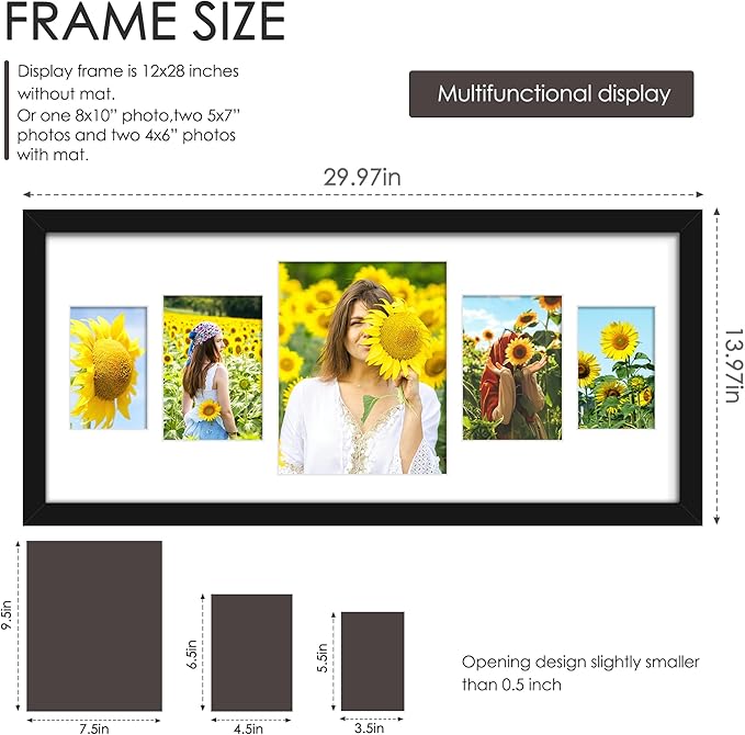 12x28 Collage Picture Frames Display One 8x10 Inch and Two 5x7 and Two 4x6 Photos Collage Wall Decor Wall Hanging or Tabletop Black