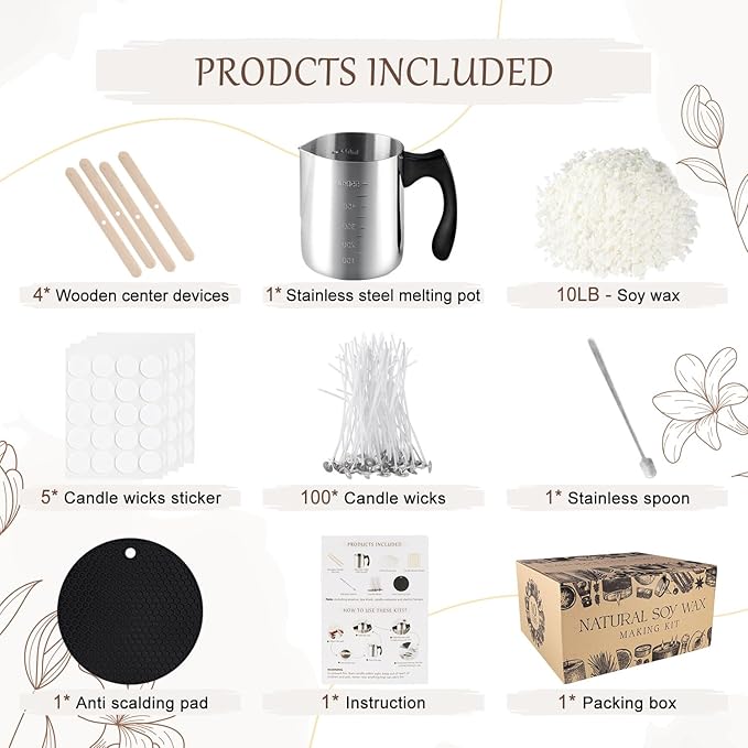 Candle Making Kits for Adults,Beginner,Kids, Soy Wax, Making Supplies Include 10 LB Soy Wax Flakes, 100 Candle Wick, Centering Devices, Melting Pot
