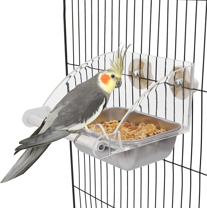 Hypeety Transparent No Mess Bird Feeder for Cage with Anti-Slip Perch | Clear acrylic cage feeder, stainless steel food bowl, easy to install, fits most cages, for parrots/cockatiels/conures/quaker