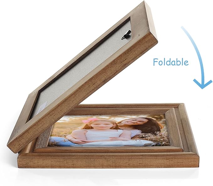 4x6 Double Horizontal Hinged Picture Frame Folding Photo Frame in Distressed Farmhouse Wood Grain Pine Wood with Real Glass for Tabletop X2-MU-2H46