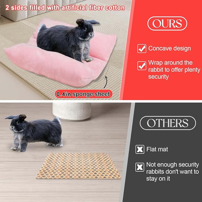 MEWTOGO 14" x 13" Bunny Bed for Rabbit Cage, Thickened & Soft | Prevent Sore Hocks Plush Mat with Cotton Lounger Pillows, Small Animal Flop Mat for Hutch Sleeping Indoor, Pink