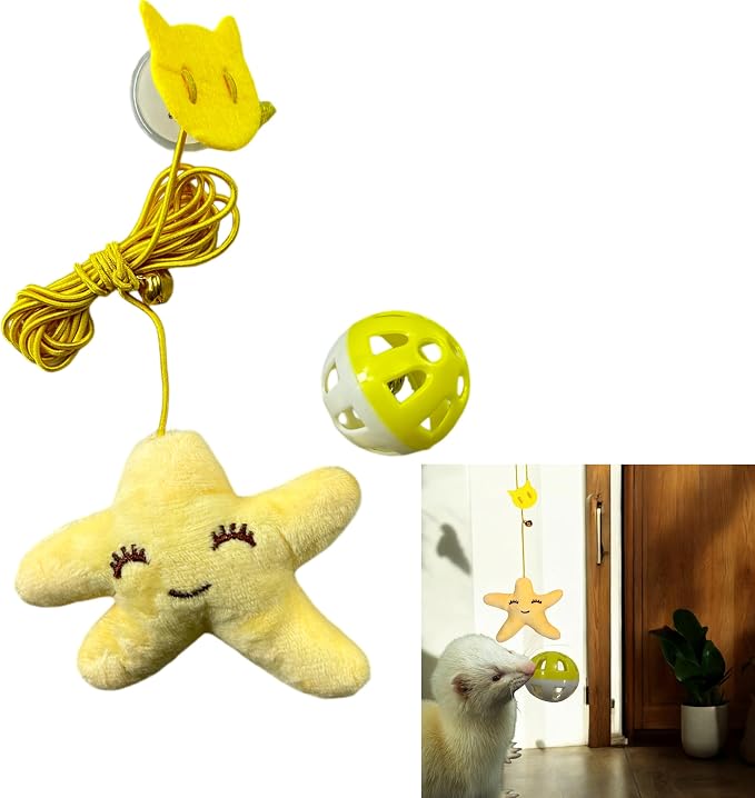 Interactive Bell Ball and Hanging Toy for Ferret, Star Hanging Toys and Interactive Balls for Ferrets Cat Small Dogs, Ferret Enrichment Toys, Ferret Accessories, Small Pet Gifts (Orange - Star)