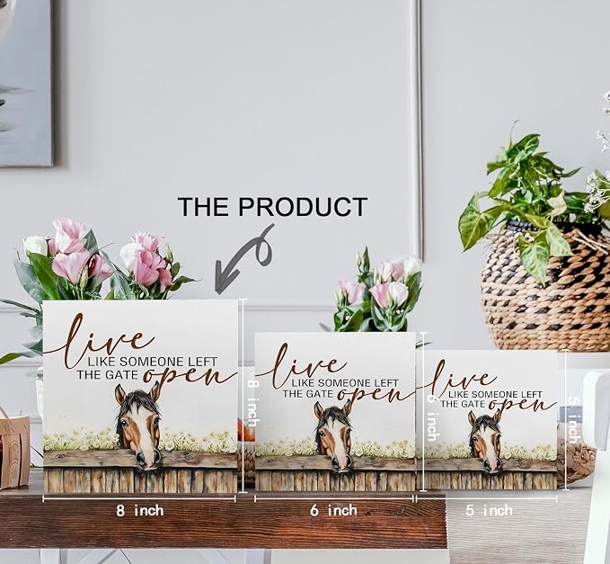 Horse Signs - Farm Cottagecore Animal Office Kitchen Bedroom Decor,Rustic Farmhouse Live like Someone Left the Gate Open Home Decor Wooden Signs,Horse Gifts for Women,8x8