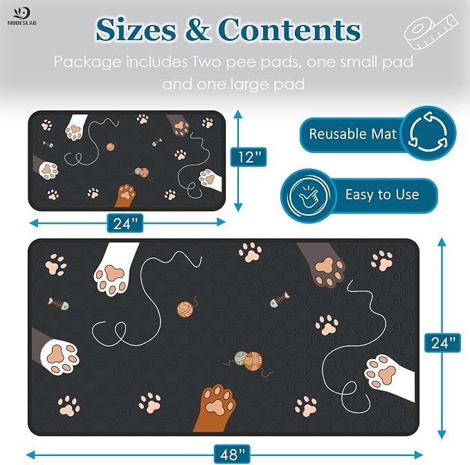 Washable Guinea Pig Bedding for 2 Story Guinea Pig Cages, Fast Absorption Reusable Guinea Pig Cage Liner, No Shrunk, Anti-Slip Bottom, Leak-Proof Pee Pad Mat, 12” x 24” & 24” x 48” (Black)