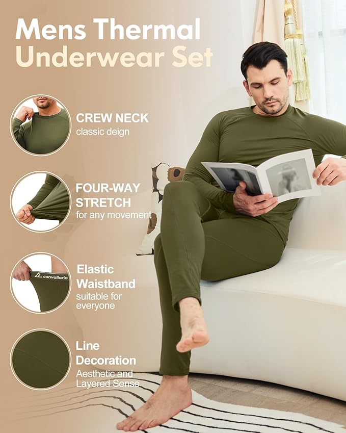CL convallaria Thermal Underwear for Men Long Johns Fleece Lined Hunting Gear Set Base Layer for Cold Weather XS-4XL