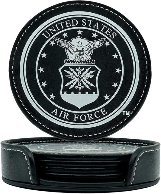 Air Force Leather Coaster Set - 4 Premium Coasters with Hot Stamped Foil USAF Logo - Air Force Gifts | USAF Leather Coasters