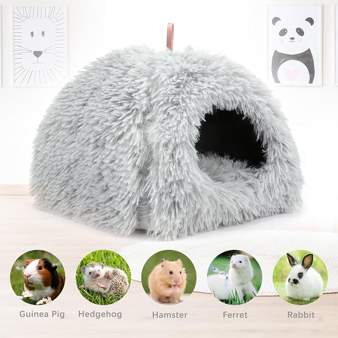 YUEPET Guinea Pig Bed Cave,Warm Guinea Pig Hideout,Light Grey | Cozy Bunny Bed, Washable Long Plush Fabric, Removable Pad, Non-Slip Base, for Ferrets Hamsters Hedgehogs Dwarf Rabbits