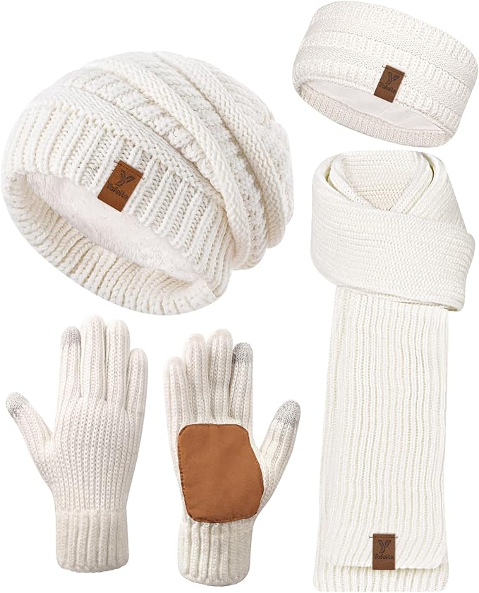 Women Beanie Scarf Gloves Headband Set, Winter Fleece Lined Hat Ear Warmer Knit Scarf Women Gloves Gift Set 4 in 1