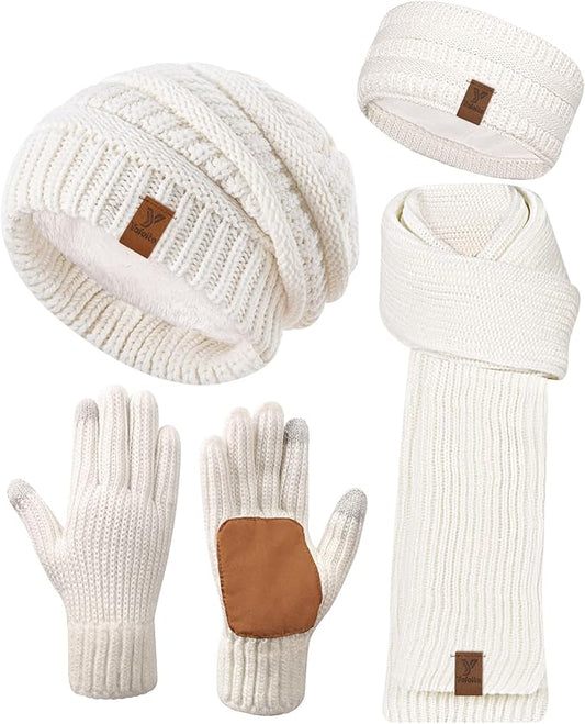 Women Beanie Scarf Gloves Headband Set, Winter Fleece Lined Hat Ear Warmer Knit Scarf Women Gloves Gift Set 4 in 1