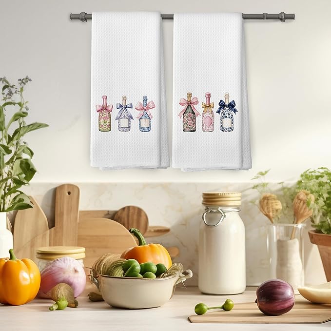 Chinoiserie Champagne Bow Kitchen Towels Set of 2, Champagne Accessories Bar Bathroom Decor, Grandmillennial Decor, Champagne Gifts for Women Bachelorettes Decorative Tea Towels 16x24 Inch
