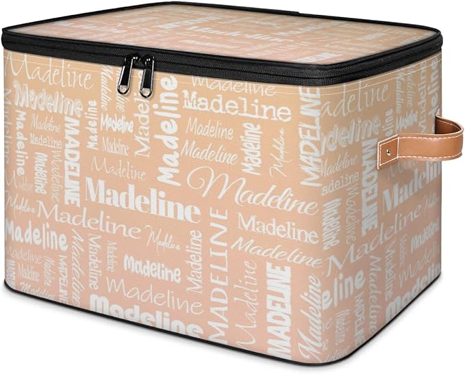 Custom Storage Basket with Name, Personalized Keepsake Box with Zipper Lid, Foldable Fabric Memory Bin Large capacity with Handle Apricot