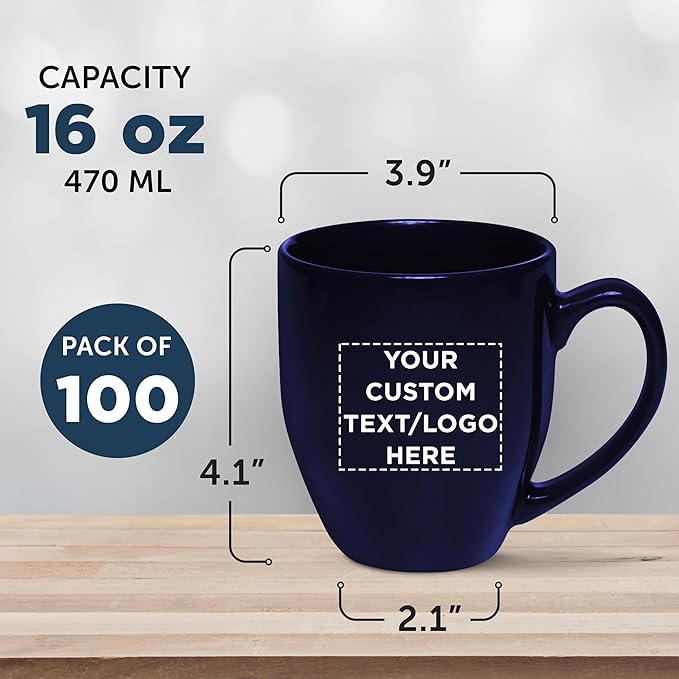 Custom Large Coffee Cups 16 oz. Set of 100, Personalized Bulk Pack - Perfect for Tea, Espresso, Cappuccino, Hot Cocoa - Blue