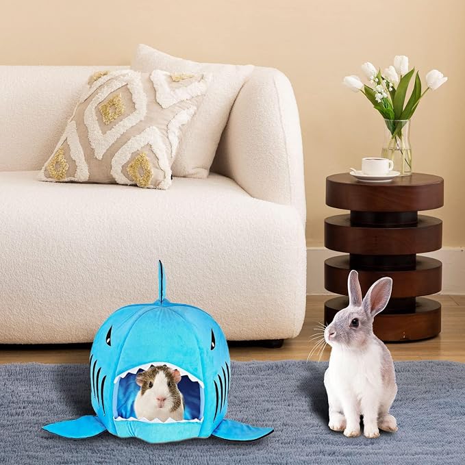 Guinea Pig Hideout Bed Warm Small Animals House Cave for Chinchilla | Winter Warm Sleeping Bed with Removable Washable Pad, Shark Cat Bed Nest for Ferret Hedgehog Rat Cage Accessories