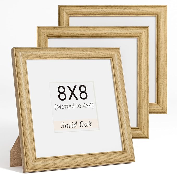 Natural Oak 8x8 Picture Frames Mat to 4x4 Picture Display Set of 3,Original Wood Handcrafted 8x8 Wooden Photo Frame with Tempered Glass Graduation Family Wedding Pictures Tabletop & Wall Decor