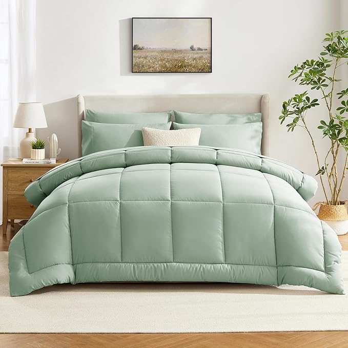 CozyLux Twin Comforter Set with Sheets Sage Green, 5 Pieces Bed in a Bag, Green Comforter Twin Size, All Season Bedding Set with Stitch Quilted Comforter, Flat Sheet, Fitted Sheet, Pillowcases