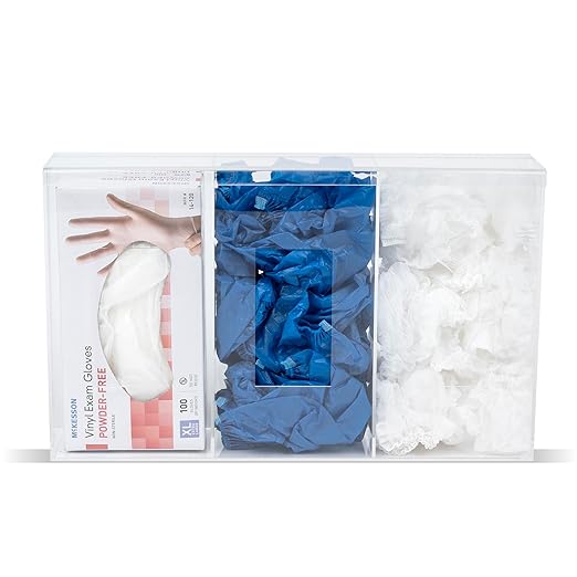 Triple Hygiene Holder - 3 Compartment Acrylic Dispenser with Lid for Hairnets, Glove Boxes, Face Masks, Plastic Bags, Tissue Boxes in Home or Medical Setting - Counter or Wall Mount (Triple)