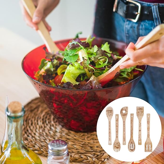 GLOBLELAND 6Pcs Mushroom Bamboo Cooking Utensils Wooden Engraved Cooking Spoons Set Carving Kitchen Bamboo Spatula Set for Women and Men Wood Cooking Spoon for Kitchen House Warming Gift