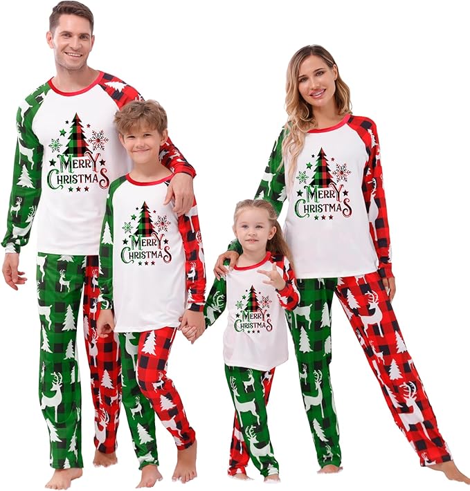 Christmas Family Pajamas Set Matching Holiday Plaid Sleepwear Set Reindeer/Tree Print Loungewear for Xmas Eve