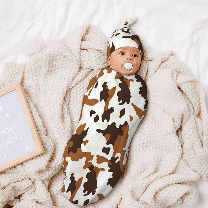 Newborn Swaddle Blankets and Hat Set Soft Cotton Baby Swaddle Wrap Warm Infant Receiving Blanket Cow Print-8