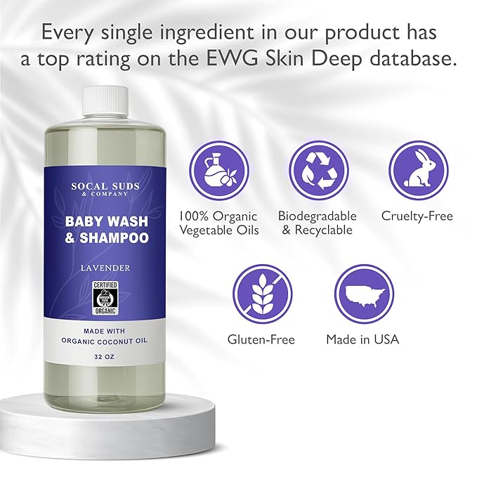 SoCal Suds & Company - 2-in-1 Organic Foaming Baby Shampoo & Body Wash Castile Soap Refill - Gentle Body Soap and Shampoo for Sensitive Skin - Nourishing Ingredients - Newborn Baby - Lavender, 32oz