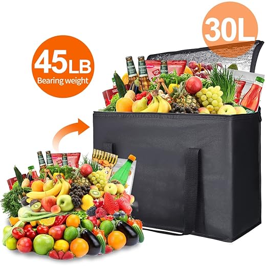 2PK Insulated Grocery Bags Reusable Heavy Duty - Cooler Tote with Reinforced Base for Stability & No Sag - XL Thermal Bag for Hot Cold Food, Delivery, Shopping, Travel, Camping, Grocery Essentials