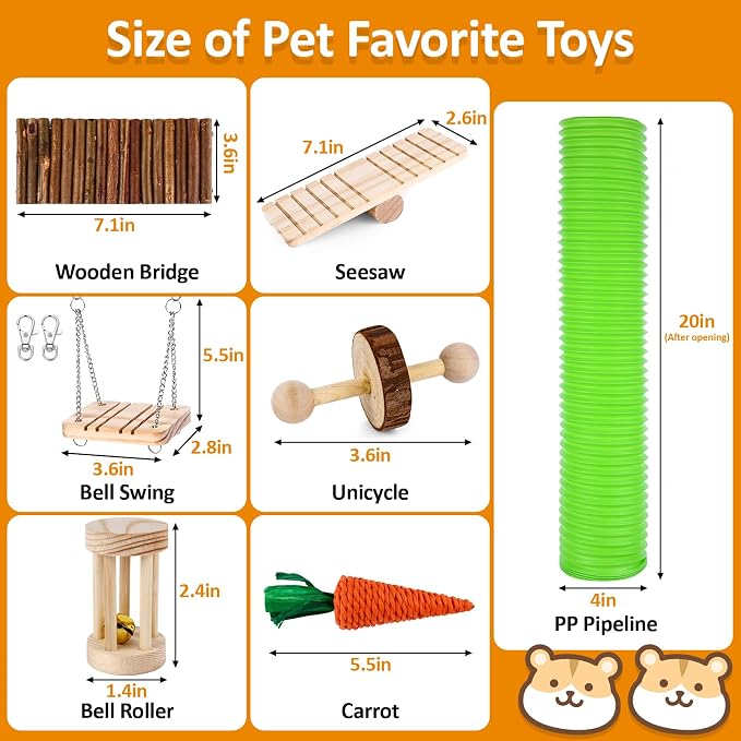 Hamster Toys Set, Guinea Pig Toys Bunny Small Animal Chewing Toy for Cage | Chinchillas, Gerbils, Rats, Rabbit Rodents Teeth Care Toys, Apple Wood Timothy Hay Mouse Toy Swing Seesaw Bridge