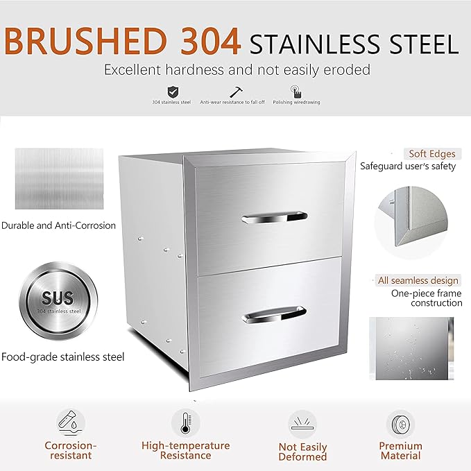 Outdoor Kitchen Drawers Stainless Steel 18W X 15H X 23D Inch, Flush Mount Double BBQ Island Drawers with Handle for Outdoor Kitchens, Patio or Grill Station