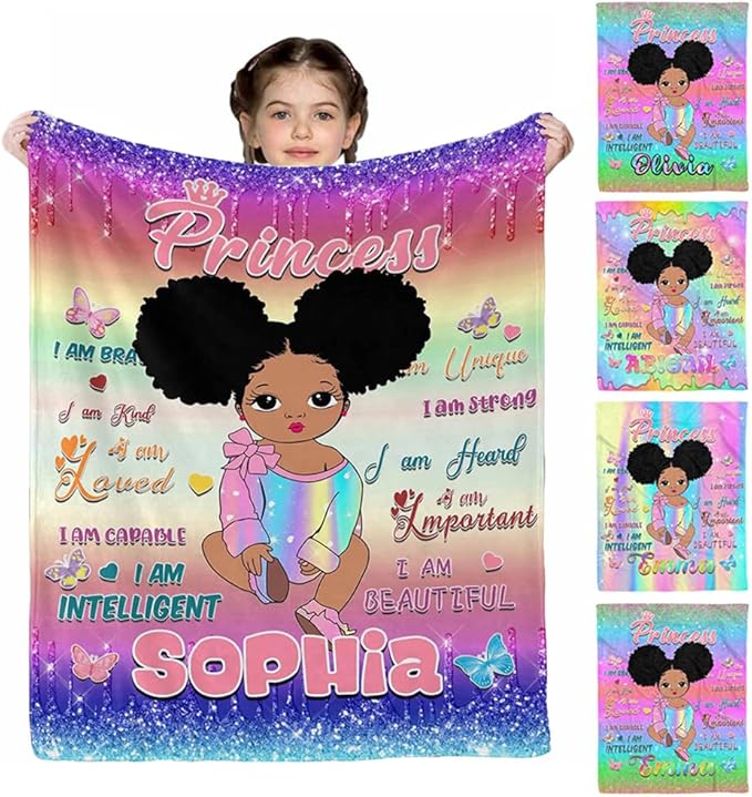 D-Story Personalized Throw Blankets with Name Custom Blankets with Text Customized Blankets for Kids Adults Women Men Personalized Black Girl Blanket Gift