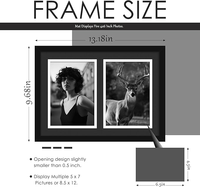 8.5x12 Collage Picture Frame, 5x7 Collage Picture Frame, Displays Double 5x7 inch Photos, Wall Decor Wall Hanging or Tabletop, Black Mat.