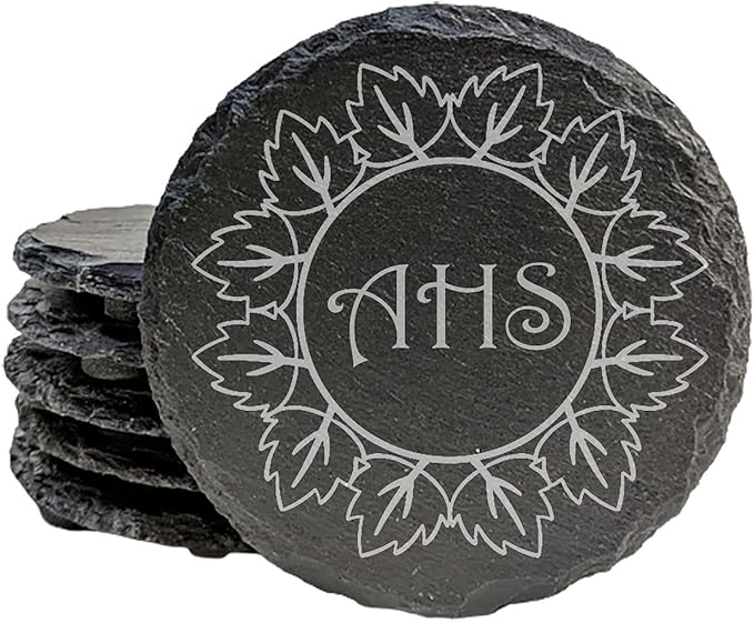 Welcoming Wreath Coasters: Personalize Your Slate Drinkware - Round Slate - Set of 4