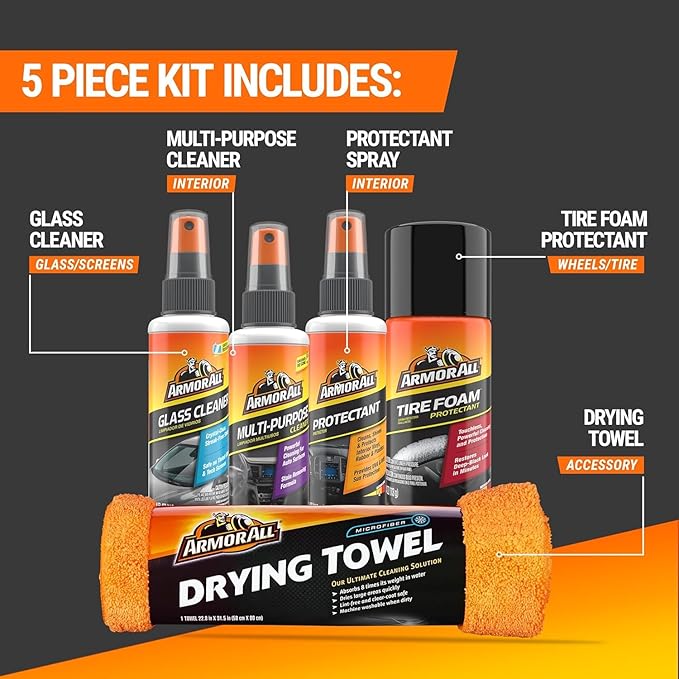 Armor All Car Wash and Car Interior Cleaner Kit, Includes Towel, Tire Foam, Glass Spray, Protectant Spray and Cleaning Spray, Multicolor, 5 Count (Pack of 1)