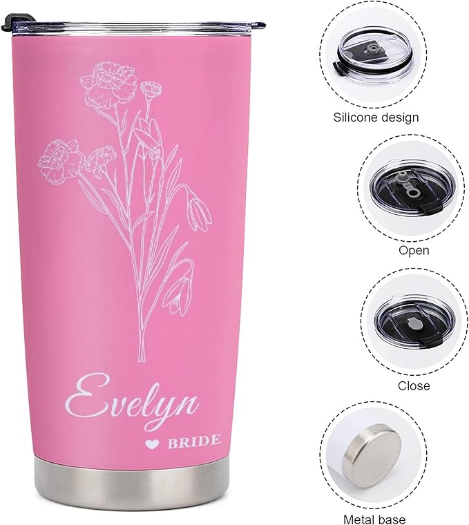 Personalized Tumbler Custom Birth Flowers Vacuum Insulated Travel Mug Customizable Coffee Cup with Your Name and Text Christmas Birthday Gift (Birth Flowers)