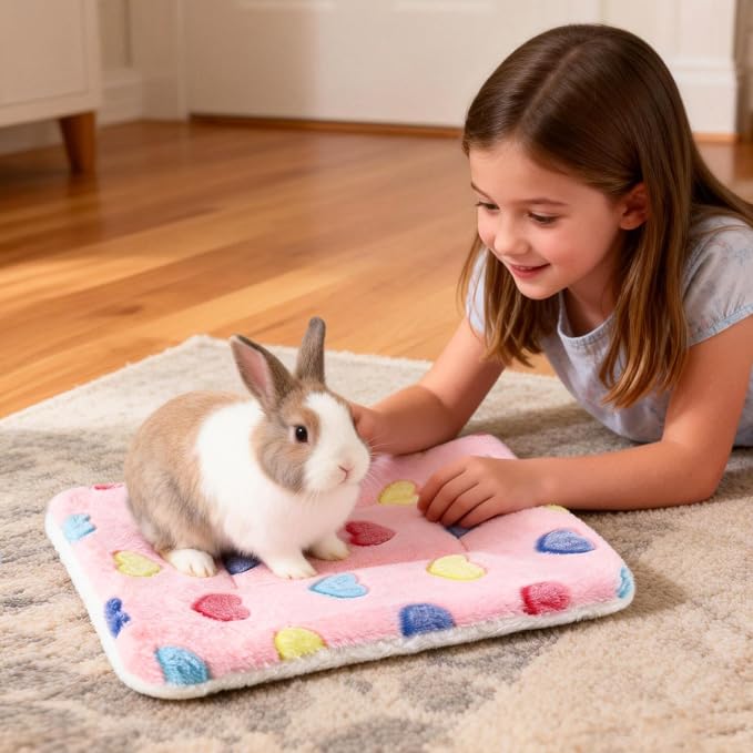 2 Pcs Bunny Bed, Washable Rabbit Bed, Double-Sided Fleece Sleeping Pad for Guinea Pig, Dwarf Rabbit, Chinchilla, Ferret, Hamster, Warm Small Animal Cage Mat, 13x10in, Pink Heart