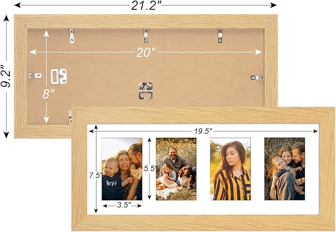 8x20 Picture Frame Display 4 opening 4X6 Picture Frame Collage,Multi Photo Frame with Mat,Plexiglass,Wall or Tabletop Decor,Natural Wood Grain