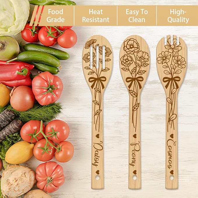 GLOBLELAND 6Pcs Bouquet Bamboo Cooking Utensils Wooden Lilies Roses Daisies Cosmos Engraved Cooking Spoons Spatula Set for Women and Men Wood Cooking Spoon for Kitchen House Warming Gift