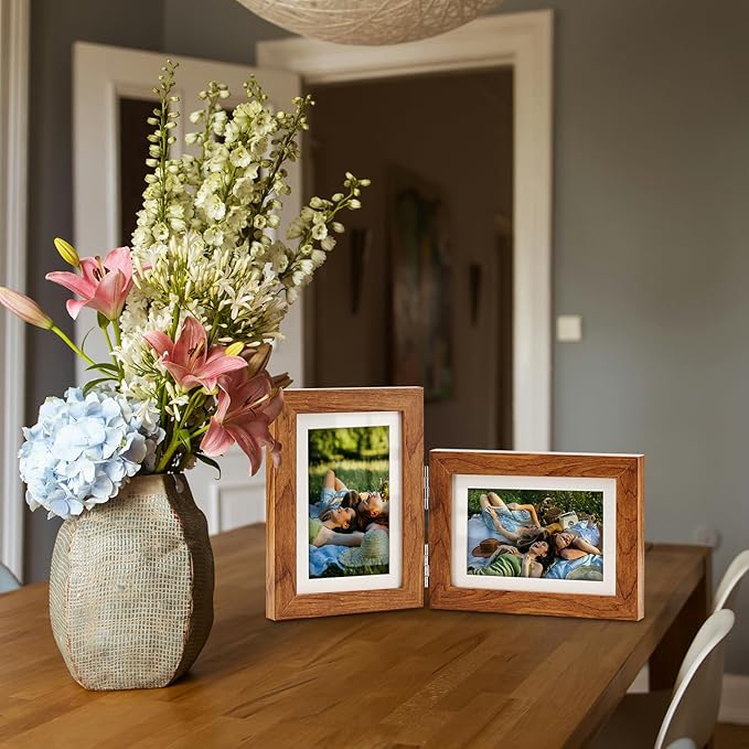 Double Hinged 4X6 Picture Frame with Real Glass-Tabletop or Wall Mounted, Display for 3X5 & 4X6 Photos (with/without Mat)-Rustic Brown, For Family Photos & Wedding Memories-Z4664